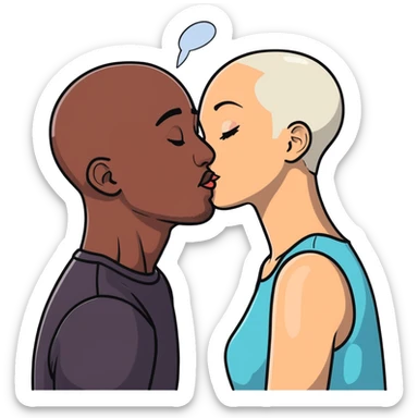 black bald man kissing white woman with short dark hair, cartoonish sticker style sticker