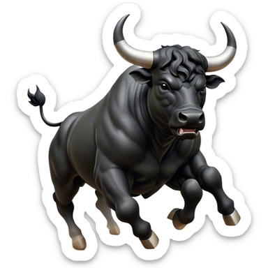 ​Cinematic Realistic Black Charging Bull, depicted in mid-charge with a powerful, muscular form and glossy black hide glistening under dynamic dramatic lighting, dust and motion captured mid-air to exude raw strength and unbridled energy on an expansive arena, sticker