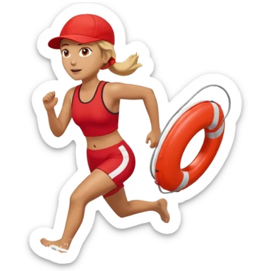 Female lifeguard – red cap, running along shore with rescue buoy sticker
