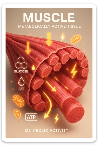 a highly detailed cross-section of human skeletal muscle fibers, shown in vibrant red and pink tones, with visible striations and realistic texture. Glowing arrows and animated icons represent active metabolic processes—such as glucose uptake, fat oxidation, and ATP production—occurring within the muscle tissue. Surrounding the muscle, floating symbols for mitochondria and energy highlight its metabolic activity. The background is clean and clinical, with subtle labels and infographics explaining that muscle is a metabolically active tissue. The overall style is modern, scientific, and visually engaging, suitable for educational or medical use. sticker