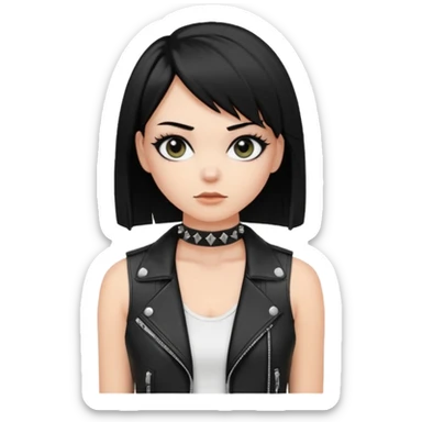 A white girl with Black eyes and black straight hair with a bob with a black spiked chocker with white tank top with a leather jacket on sticker