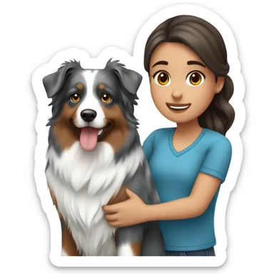 Girl with long brown hair holding blue merle Australian shepherd sticker