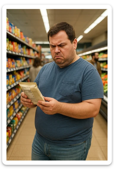 a man in casual clothes walks through a grocery store, looking at a nutrition label with a furrowed brow. Despite choosing healthy options, his body remains overweight. Other shoppers pass by, and the lighting is natural, capturing a moment of everyday life and genuine confusion. sticker