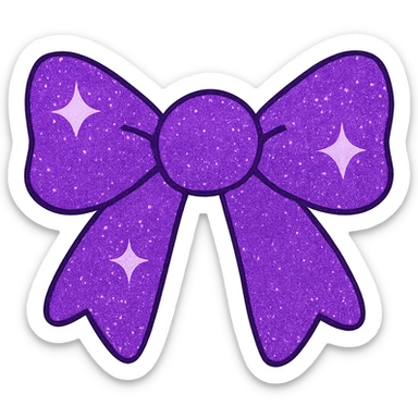 Make the sparkling bow purple with glitter details, playful and stylish, no background. The bow should be vibrant and covered in purple glitter with a shiny texture. sticker