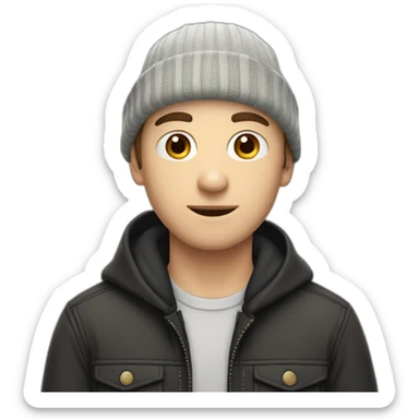 a 28 years old caucasian boy with a black beanie and a canadian shirt sticker