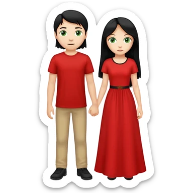 full-length couple, girl with long black hair and green eyes in red dress, boy with blonde hair in white t-shirt sticker