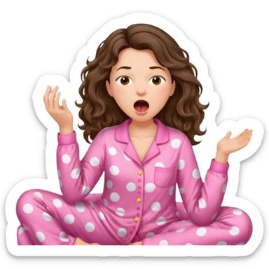aestethic brunette wavy hair, waking up with a pink pajama sticker