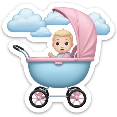 baby sitting in pink and beige stroller with pastel blue clouds around it sticker