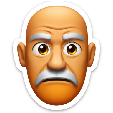 3D cartoon head of a grumpy giant with a bald top, thick black eyebrows, orange nose, layered black beard, round ears, and a smooth, minimalist design on a gray background. sticker