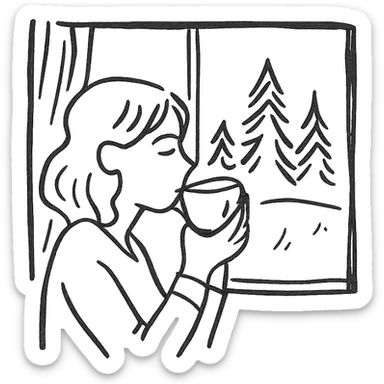 A woman enjoying tea by a window with a forest view sticker
