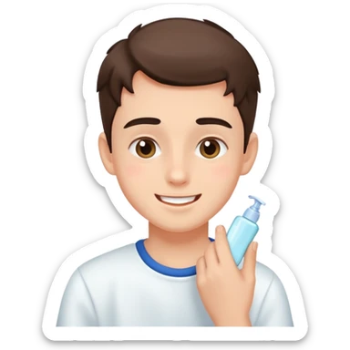 boy applying skincare in the morning, cheerful expression, simple background sticker
