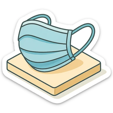 medical mask lying on table, 2D isometric style, detailed drawing, detailed shadows and highlights, clean contours, soft lighting, transparent background sticker