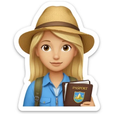 blonde haired Traveler character with passport, backpacker,  sticker