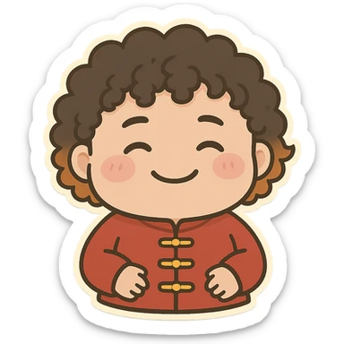 chubby Chinese person with curly perm hair, orange-brown tips, smiling face sticker