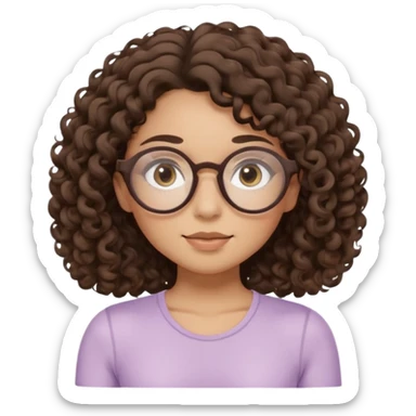 Memoji-style illustrated girl with dark brown curly hair, round glasses, large brown eyes, soft rounded face, warm beige skin tone, wearing neutral Pilates activewear, calm wellness aesthetic, pastel colors, sticker-style digital illustration, smooth shading, white outline. sticker