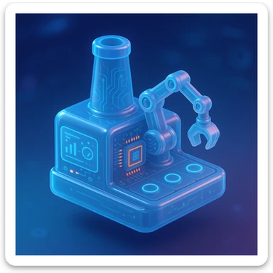 A futuristic depiction of a factory with advanced technology and robotic systems. The factory should have a high-tech appearance, with glowing lights, holographic interfaces, and automated machinery. The scene should be set in a sci-fi environment. sticker