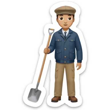 male worker 1950, wearing a flat cap, jacket and trousers, standing holding a shovel sticker