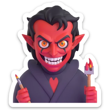Demonic artist with wild eyes and a sinister smile painting hellscapes sticker