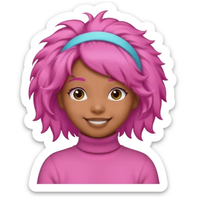 brown fluffy haired girl with pink turtleneck sweater and pink hair band sticker