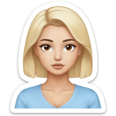 Blonde model with brown eyes, light blue cottons v-neck tee, luxury makeup sticker