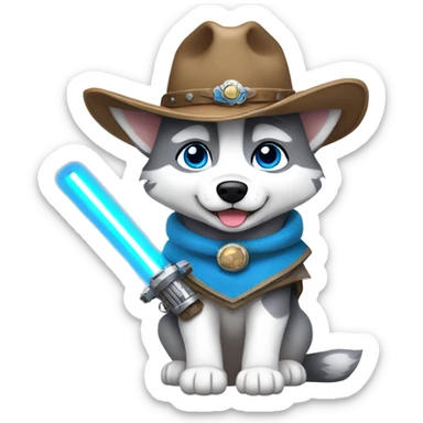 Gray Siberian Husky with blue eyes puppy wearing a cowboy hat dressed in Jedi clothing holding a lightsaber  sticker