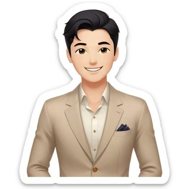 A confident man with black hair, a charming smile, and a stylish outfit. He stands with a relaxed posture, winking at someone, exuding an air of charm and charisma. His appearance is well-groomed, and he gives off a confident yet mischievous vibe, with one eye closed in a playful wink sticker
