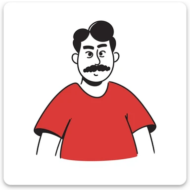 Recep İvedik, a burly man with a thick mustache, bushy eyebrows, and a red t-shirt, looking grumpy and comedic, hand drawn doodle style sticker