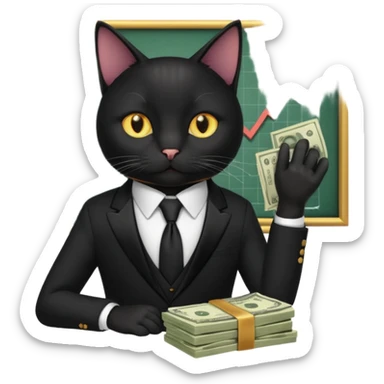 stock investing black and smart cat, with money and "stock charts" sticker