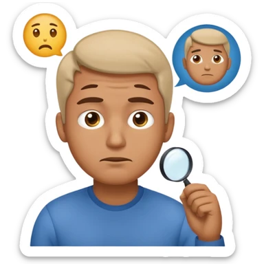 Realistic emoji-style man in simple everyday clothes, looking thoughtful and analytical. A thought bubble above his head shows a critical-thinking icon (question mark + magnifying glass). Soft lighting, expressive critical facial expression. sticker