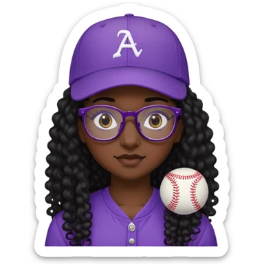 Nữ 15 tuổi, da đen, đeo kính gọng màu đen, tóc dài( màu đen, xoăn), đội mũ lưỡi trai ngược màu tím sticker