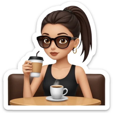 generate a pretty fair bratz girl with dark brown eyes, dark brown eyes tied into a slick back ponytail, thin brown sunglasses. Wearing a black cami top and drinking coffee sticker
