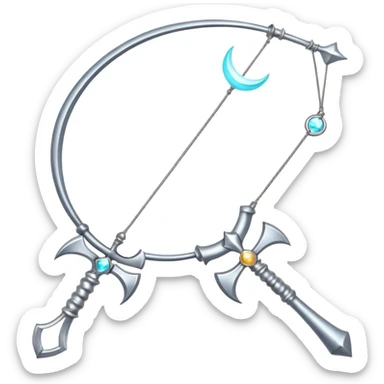 Elegant silver bow weapon with glowing string, crescent-moon motifs. sticker