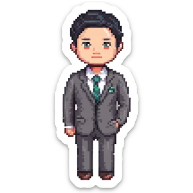 avatar image of a business man with black, very short hair cut, pixel art style sticker