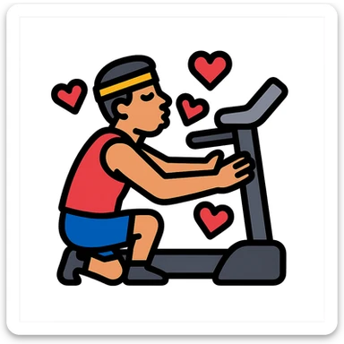 the sportsman is hugging and kissing the treadmill. They are surrounded by red hearts sticker