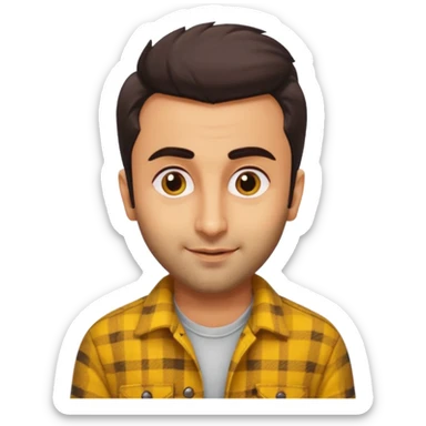 generate a pretty bratz emoji 
Make her look like Ranbir kapoor wearing a yellow flannel shirt, smirkinh

She should look exactly  like ranbir kapoor!  sticker
