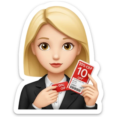 make a elegant girl with a ticket in her hand that says 10 precent off, sticker