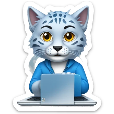 A blue lynx with a laptop sticker