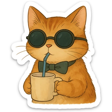 Animate the cat so it is drinking from a cup using a straw, keep the smooth and whimsical Ghibli style, with no background. sticker