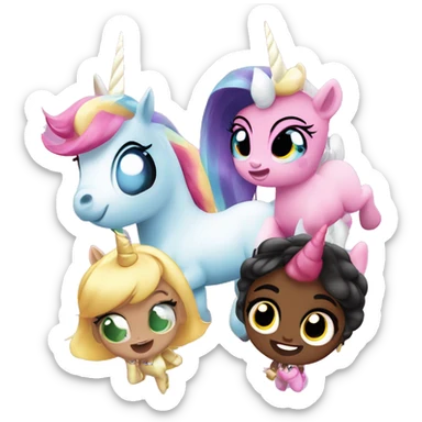 Four unicorns with power puff girls powers flying with hand up in the air sticker