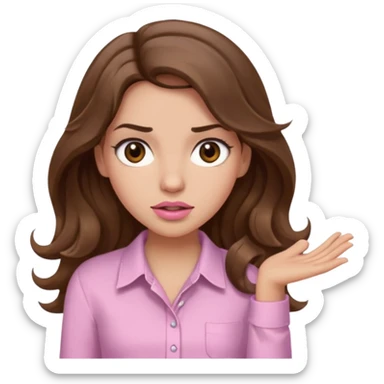 girl with wavy long brown hair, brown eyes, light to medium complexion, long lashes, light pink lipstick, wearing light pink shirt, shrugging sticker