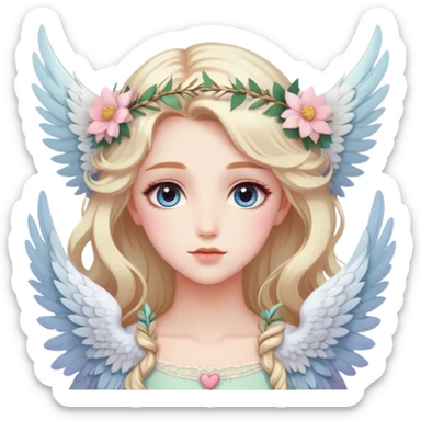 Dreamy pretty pastel anime flowers feathers hearts wings angelic laurel lady with pretty hair and gorgeous eyes aesthetic sticker