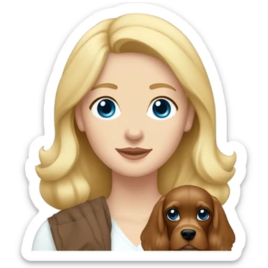 Blonde haired woman with blue eyes holding brown cocker spaniel with white chest sticker