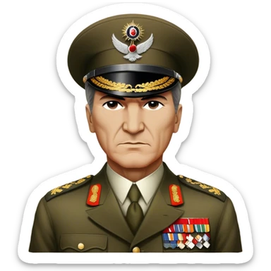 Cinematic Realistic Mustafa Kemal Atatürk Portrait Emoji, depicted as a visionary statesman with a determined gaze and period military attire, rendered with rich textures and dynamic historical lighting that captures his transformative leadership. sticker