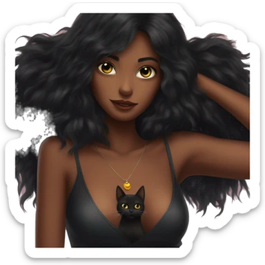 black cat hanging on beautiful black haired woman chest sticker