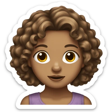 curly medium length brunette hair, white women holding a cute yorkie dog sticker