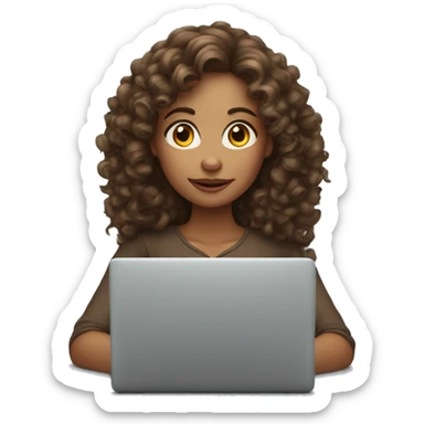 The woman with fair skin, curly long brown hair sit with laptop apple sticker