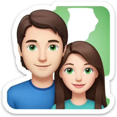 “A pink Polaroid-style photo of a couple: a white woman with long brunette hair and blue eyes, and a white man with short brunette hair and green eyes.” sticker