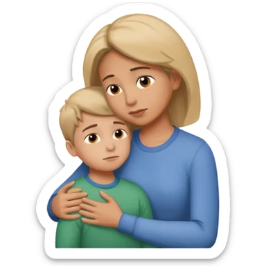 A large breasted mother hugs and comforts her son facing eachother. sticker