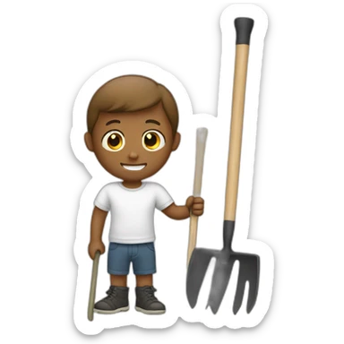 white kid holding a rake sticker