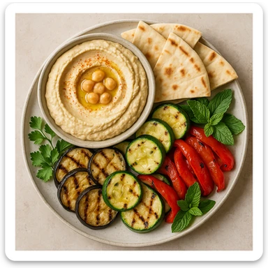 realistic Mediterranean platter with hummus, pita, grilled vegetables, and fresh herbs, top-down view sticker